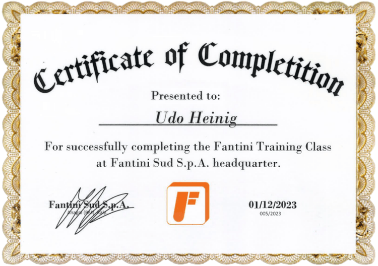 Zertifikat für Udo Heinig zur erfolgreichen Teilnahme an der Fantini Training Class bei Fantini Sud S.p.A.