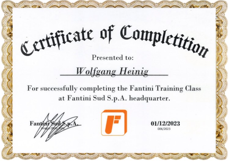 Zertifikat für Wolfgang Heinig zur erfolgreichen Teilnahme an der Fantini Training Class bei Fantini Sud S.p.A.
